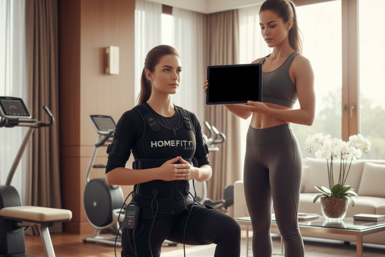 Client during her first EMS training session at HomeFit Elite Abu Dhabi